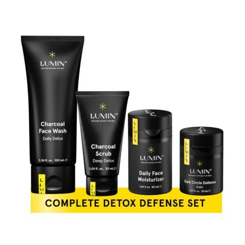 Lumin - Class Act Bundle - Men's Skincare Kit, Includes: Charcoal Face Wash Daily Detox, Charcoal Scrub Deep Detox, Daily Face Moisturizer & Dark Circle Defense Balm, Suitable For All Skin Types