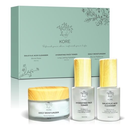 Kore Korean Skin Care Set–3-Piece Skincare Kit with Salicylic Acid Cleanser, Hydrating Toner & Daily Moisturizer–Vegan & PH Balancing Korean Skincare for Glass Skin–Skin Care Routine Kit for Women